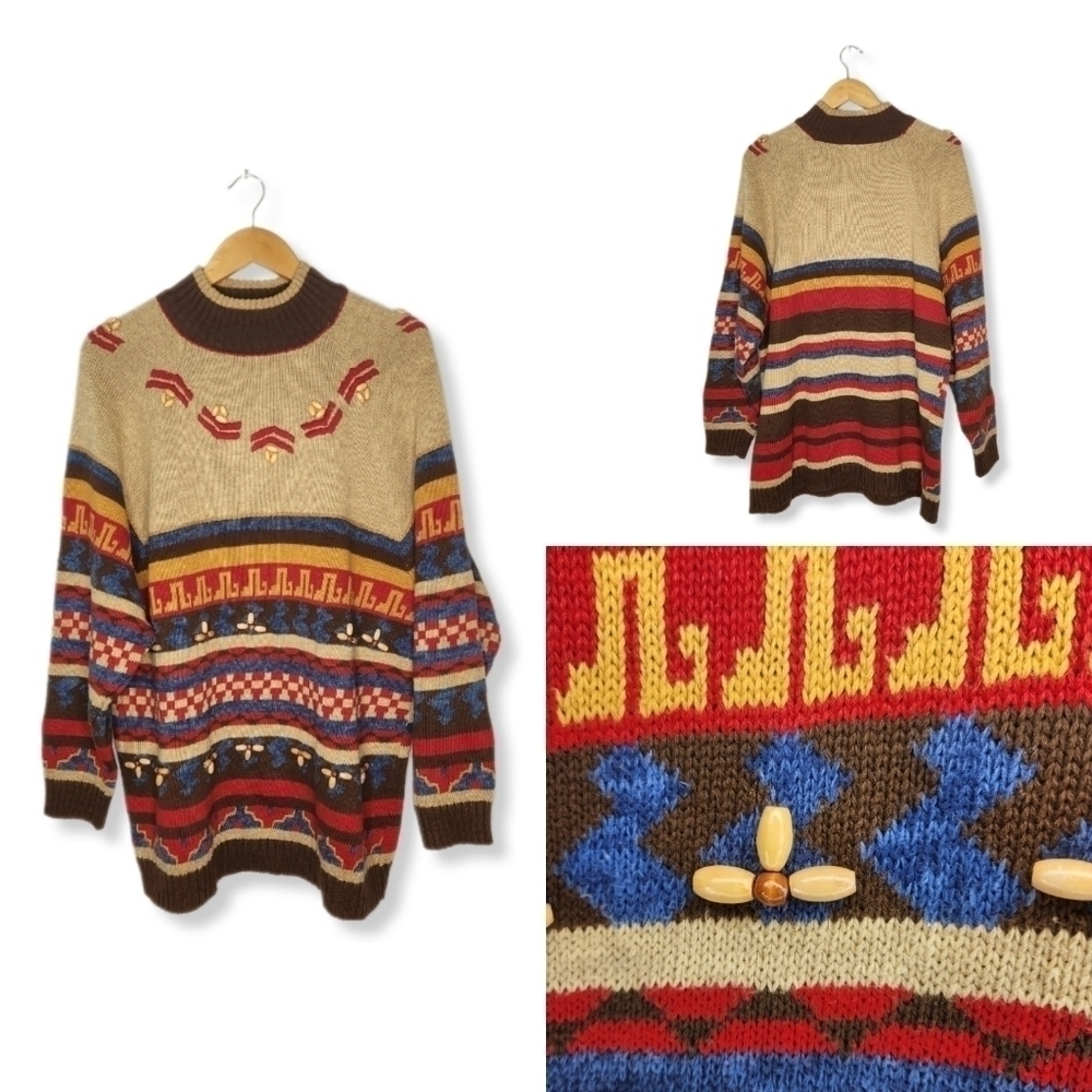 Vintage 80s Bechamel Beaded Knit Mock Neck Pullover Heometric Sweater Large